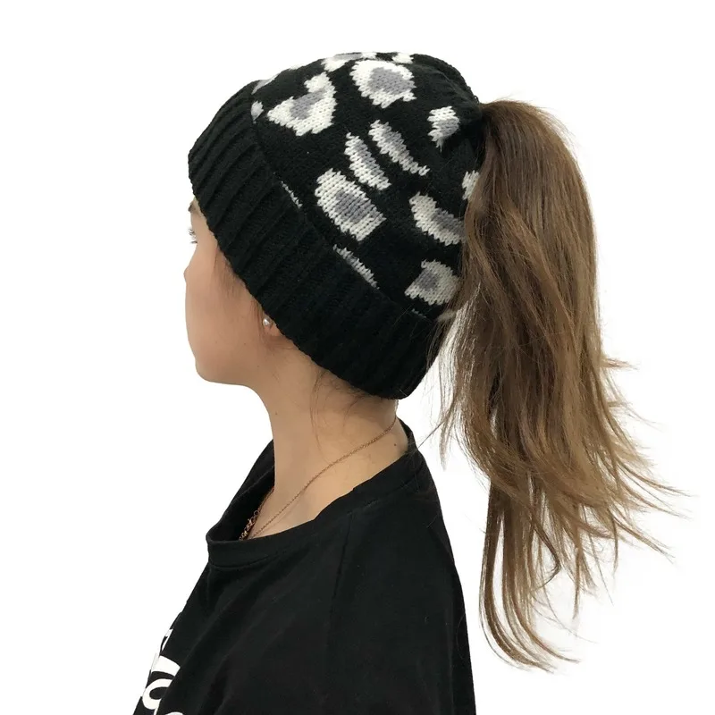 Women Casual Knitted High Ponytail Beanie Hat Lady Autumn Winter Cap Leopard Print Fashion Thick Warm Female Outdoor Sport Hats 3