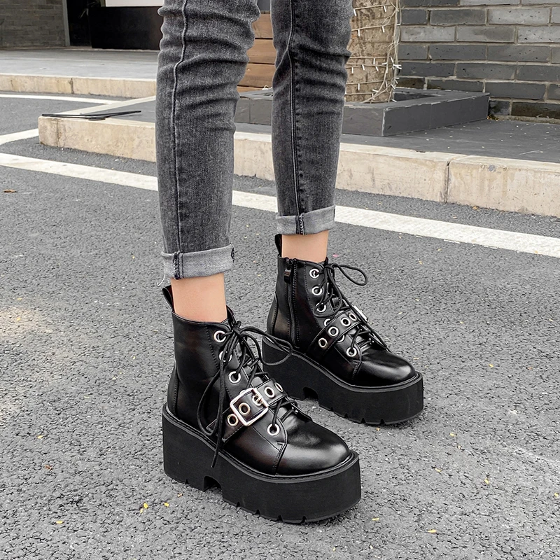 

Motorcycle Boots Women Shoes Punk Platform Thick Heel Ankle Boots Lace Up Lady Short Boots Snow Autumn Winter boots YMB300