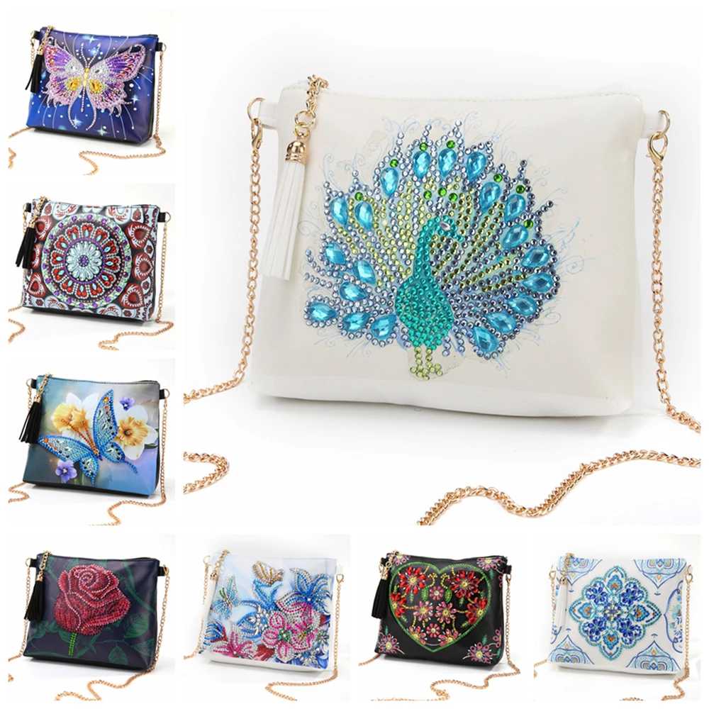 

DIY Diamond Painting Wristlet Wallet Peafowl Butterfly Flower Leather Crossbody Chain Bags DIY Diamond Embroidery Wallet Pouch