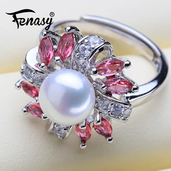 

FENASY Natural Freshwater Pearl Rings For Women Fine Jewelry Female Bohemian Colorful Silver Color Red Stones Evening Party Ring
