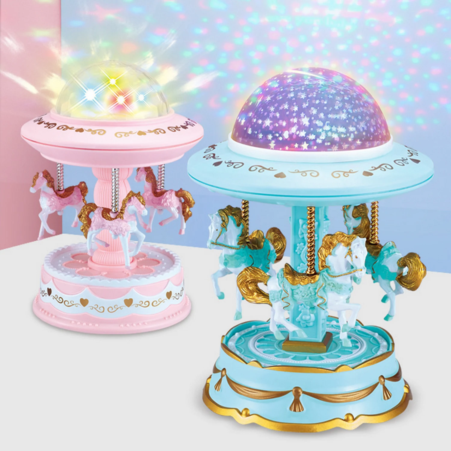 Bevigac Cute Rotating Horse Carousel Style Lights Shine Music Box Projector for Home Valentine Day Birthday New Year Child Gifts