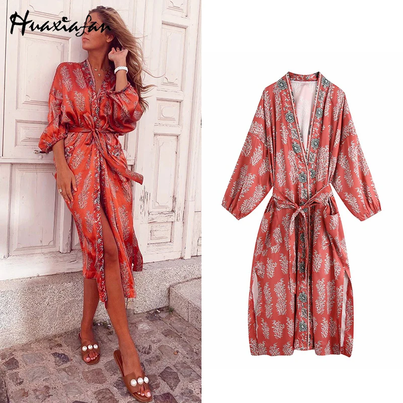 

Huaxiafan Boho Woman Dress 2020 Print With Pockets Elegant Kimono Sashes V Neck Loose Female Midi Dress Vintage Vestido De Mujer