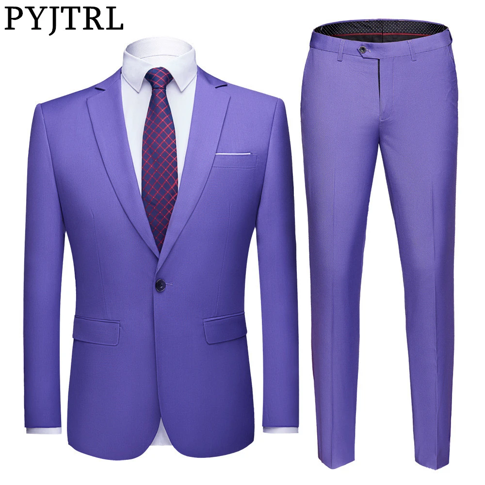 

PYJTRL Mens Pure Color Two-piece Set Slim Fit Wedding Suits Groomsman Groom Business Casual Suit Jacket and Pants Costume Homme