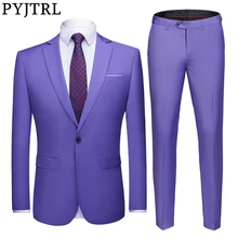 PYJTRL Mens Pure Kleur tweedelige Set Slim Fit Wedding Suits Stalknecht Bruidegom Business Casual Pak Jas en Broek kostuum Homme