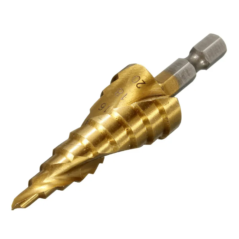 

1pc 4-20mm HSS Titanium Coated Hex Triangle Shank Hole Spiral Grooved Cutter Cone Step Drill Bit Spiral Groove Step Drill