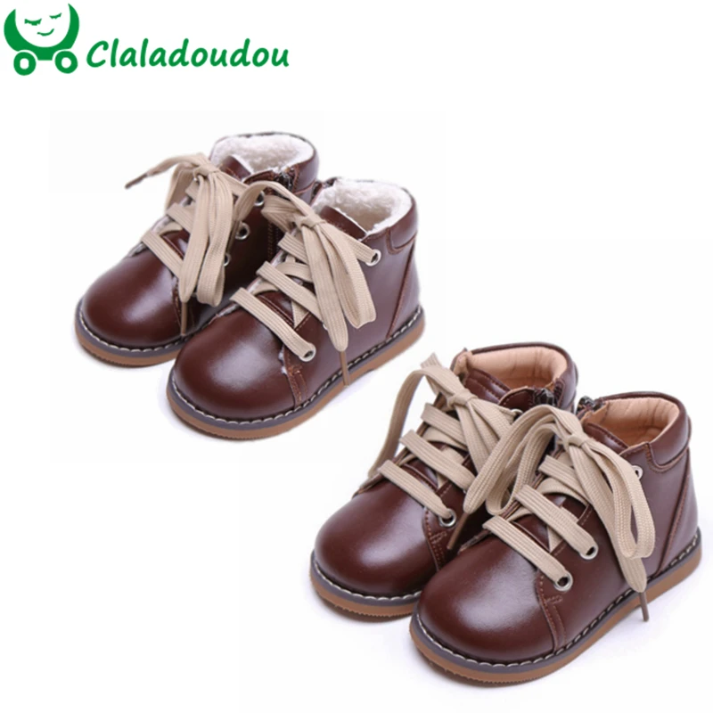 

Claladoudou 14-16cm Brand Kids Boys Fashion Boots Pu Leather Korean version Lace-up Pure Autumn Ankle Boots For Toddler Girls