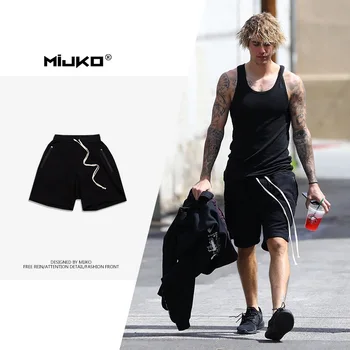 

men's New Summer Black zipper basic long drawstring casual pants men's Street Sports Shorts