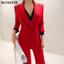 Модные красные женские брюки костюмы Тонкий Блейзер куртка и брюки длиной до щиколотки сексуальные женские блейзеры костюмы комплект из 2 предметов осень