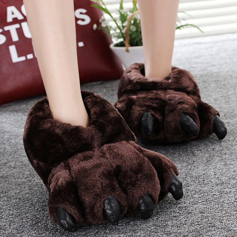 Gray Leopard Print Fur Slippers - Stylish Unisex Animal Paw Slides