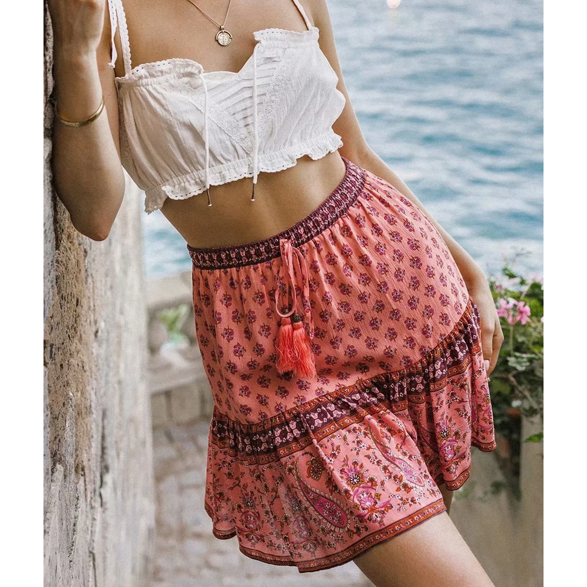 

Chic Hippie Floral Printed Mini Skirts Vintage Elastic Tassel Faldas Summer 2019 Beach Boho Casual Clothes Short Women Skirts