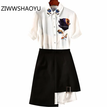 

ZIWWSHAOYU Women Summer Work Wear Office Lady Suit Floral Printed Beading Shirt And Asymmetrical Black Skirt Two Pieces Set
