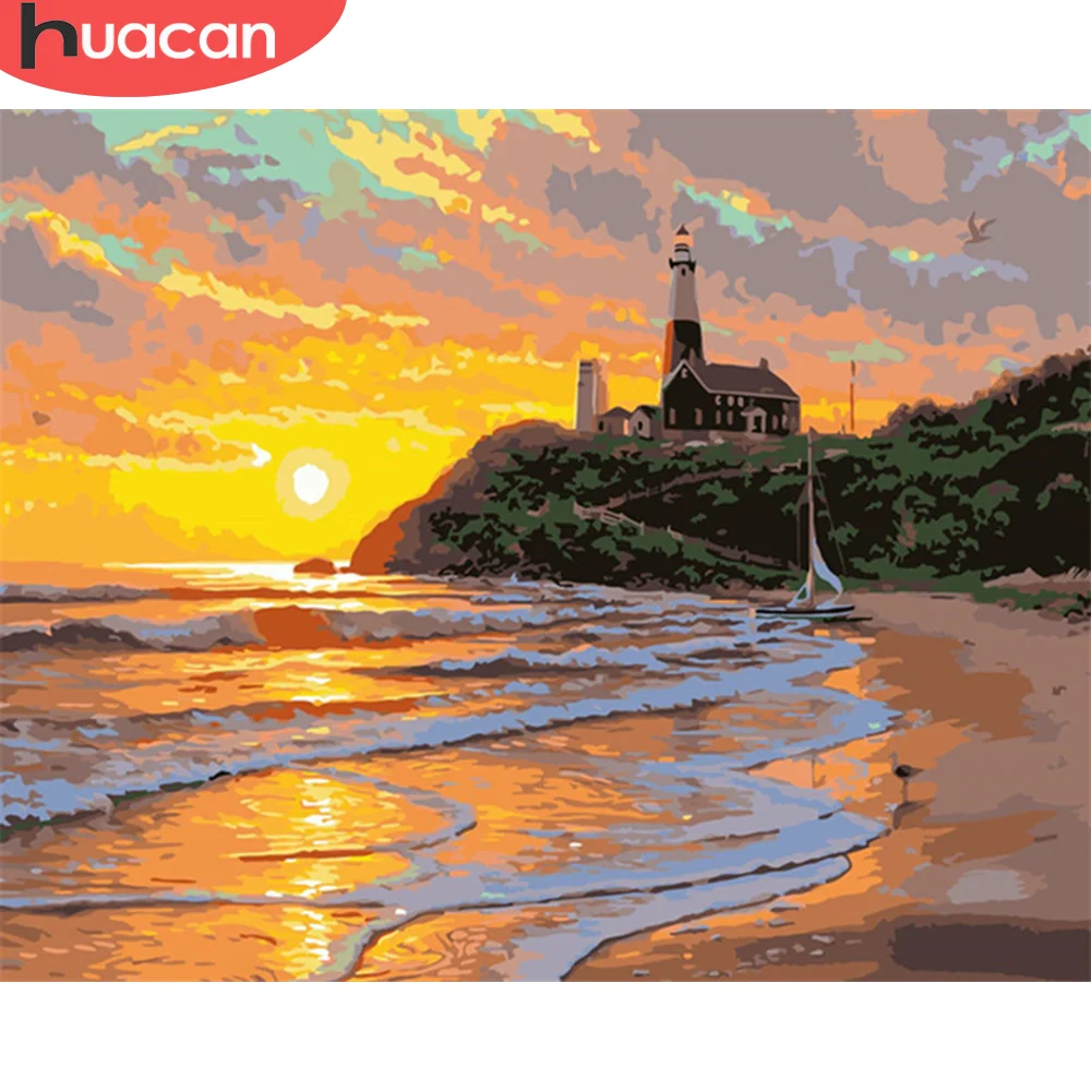 HUACAN Paint By Number Lighthouse Drawing On Canvas HandPainted Painting Art Gift DIY Pictures Sunset Kits Home Decor | Дом и сад