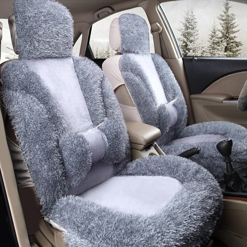 Grey Front+back faux fur car seat cover set for Most Automobiles Seat Covers car seats Protector auto Interior Accessories
