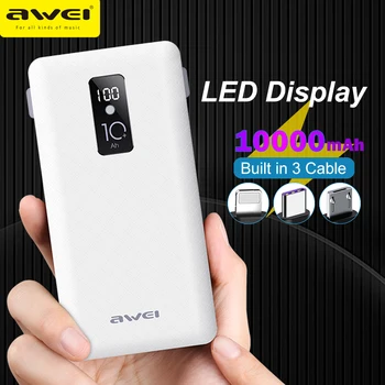 

Awei Power Bank 10000mAh LED Display Portable Charger Quick External Battery Built in 3 Cables Lightning Type C Micro for Phone