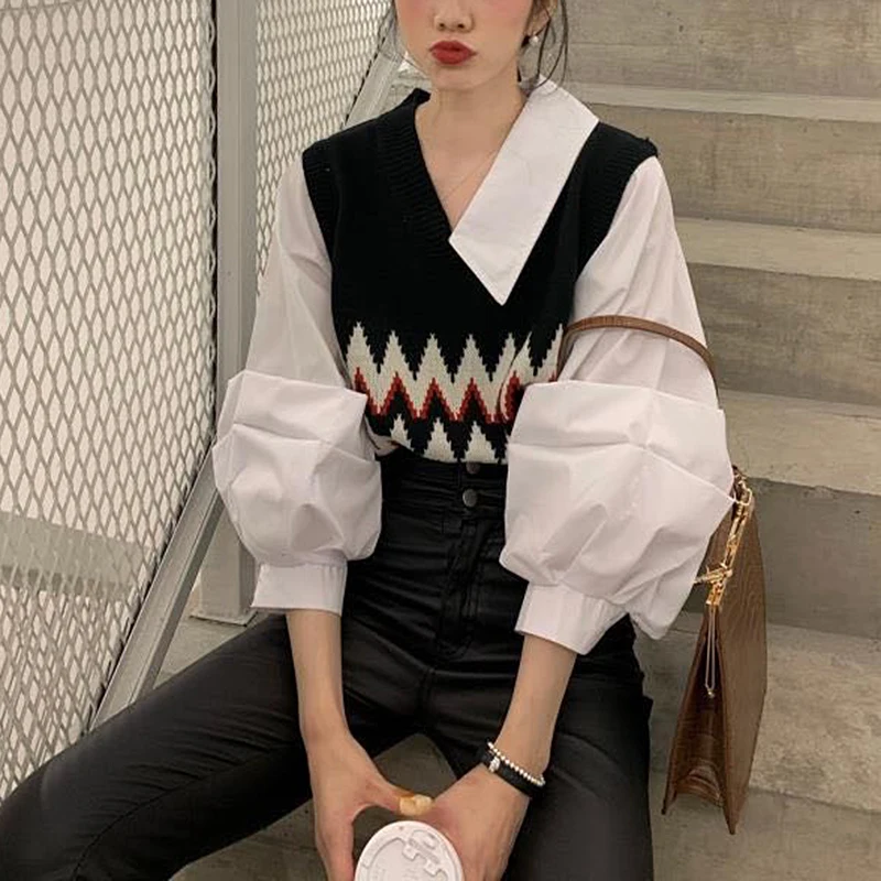 

Vintage Patchwork Knitted Blouse Women Long lantern Sleeve Fake Two Piece Blouses Loose Tops Shirts blusas mujer