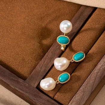

Pearl Earrings Ring Set Fashion Luxury Inlaid Pearl Set Open Ring Earrings Retro S925 Sterling Silver Natural Pearl Jewelry Set