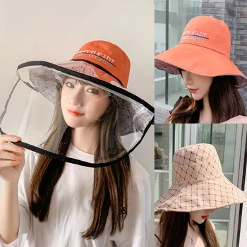 

Protective Transparent Mask Basin Hat Girl Double-sided Embroidered Letter Lady Fisherman Hats Female Anti-foam Dust Cover Cap