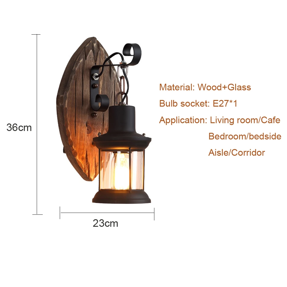 Loft Vintage Wall Light Wood Light E27 Glass Wall Lamp Restaurant