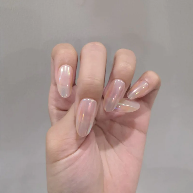 images Medium Length Oval Acrylic Nails 24pcs box pink fashionable mirror face fake nails oval head medium length detachable wearable for daily wear press on nails glue