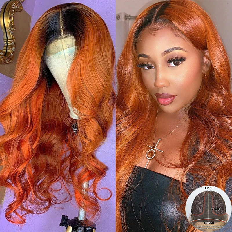 Wig Lace-Wig Human-Hair-Wigs Ginger Orange T-Part Glueless Pre-Plucked Ombre-Color Brazilian