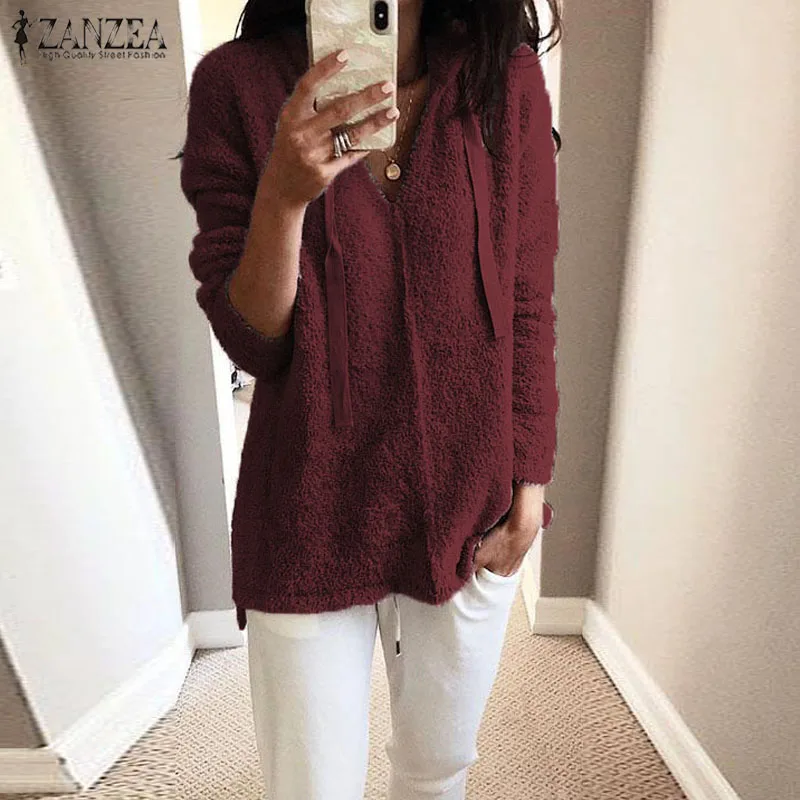 

ZANZEA 2019 Winter Women Casual Long Sleeve Fleece Hoodies Pullover Sweatshirts Womens V Neck Warm Tops Solid Loose Sweatshirts