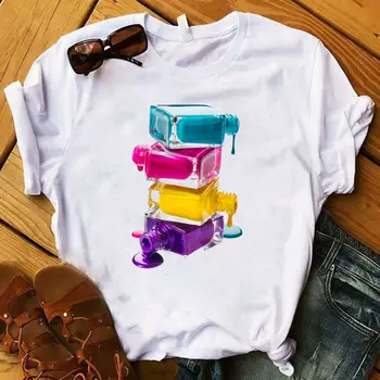 

Women T Shirt 3D Rainbow nail polish print tee shirt femme vintage t shirt women clothes Harajuku Summer Female Top Tee