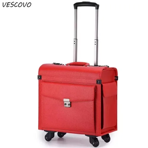 VESCOVO 16"inch Retro PU Leather Rolling Luggage Universal Wheel Women Boarding Trolley Travel Suitcase - Цвет: red