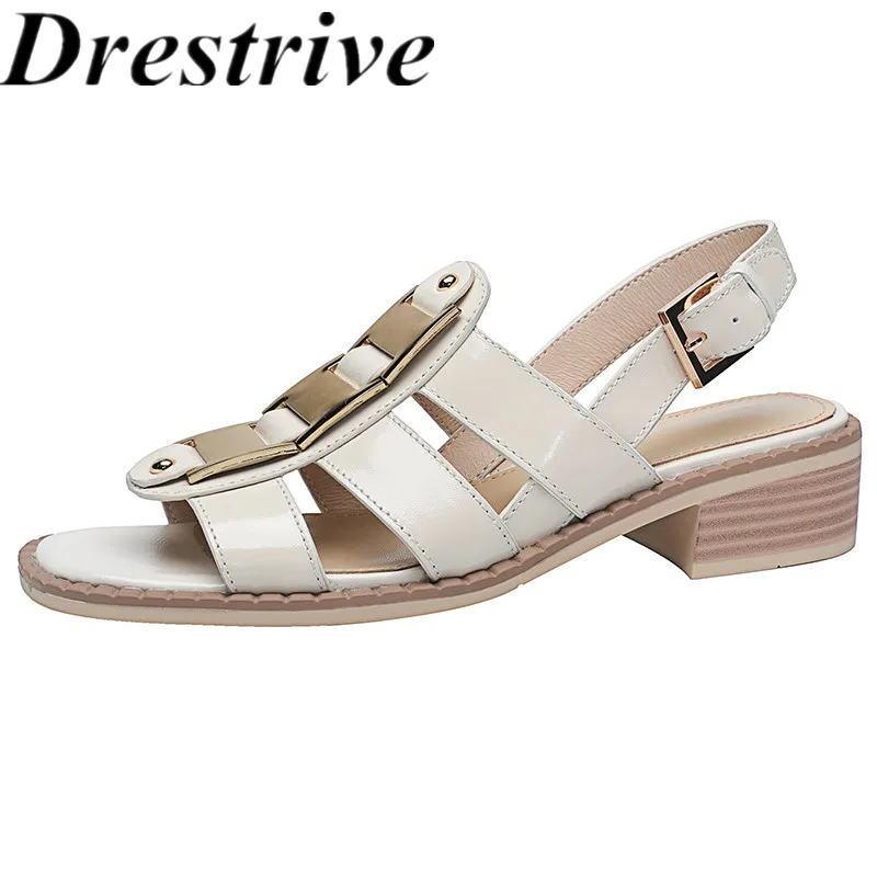 

Drestrive Women Sandals Round Toe Full Genuine Leather 2021 Summer Fashion Thick Casual Shoes Metal Knot Size 42 Brown Buckle
