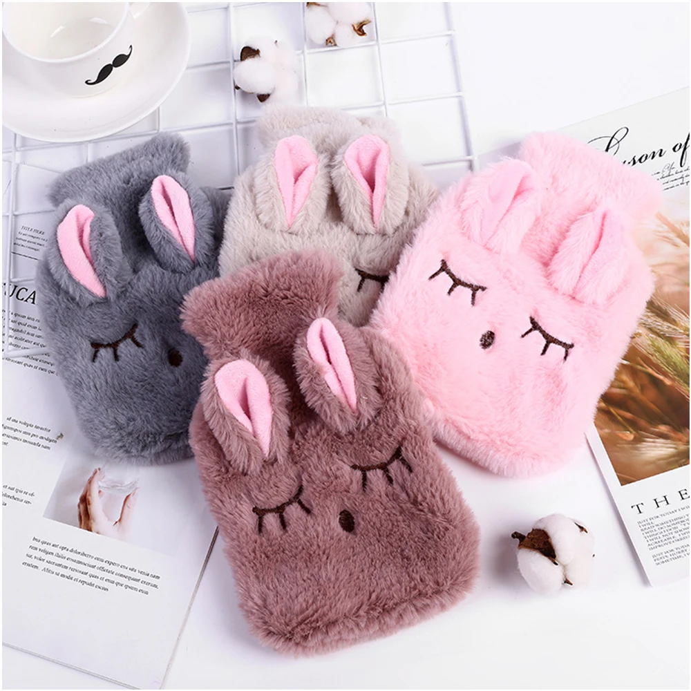 Botella de agua caliente para niñas, calentador de manos de conejo Kawaii, bolsa de agua caliente, calentador de manos, paquete de calor con cubierta de peluche acogedor suave de punto