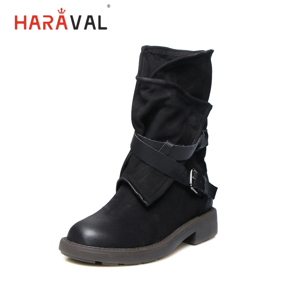 

HARAVAL Winter Handmade Ankle Boots Comfortable Genuine Leather Retro Round Toe Low Heel Shoes Fashion Buckle Zipper Boots B231