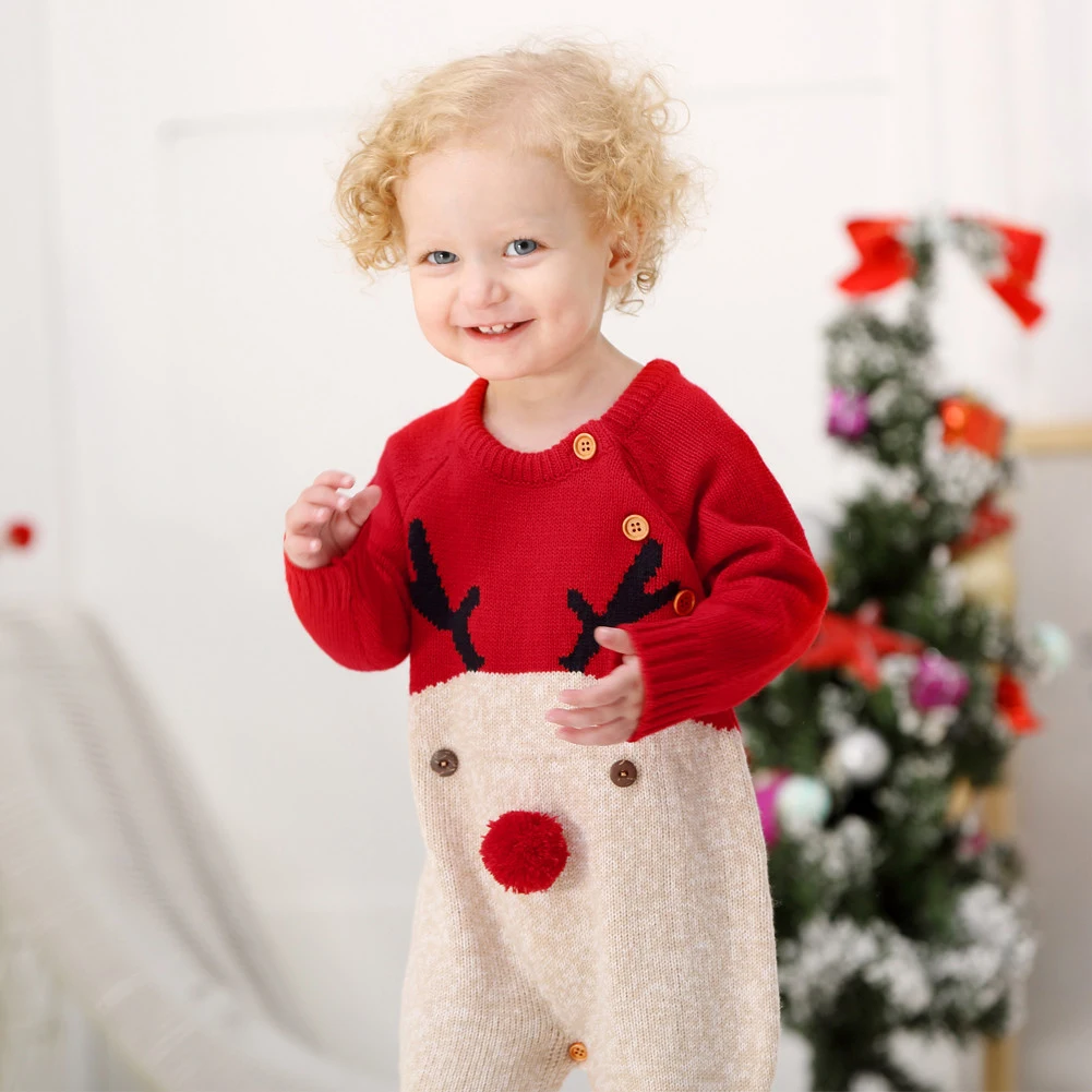 Brand Xmas Baby Kids Knit Infant Romper Sweater Jumpsuit Winter Warm New Boy Girl Deer Knitwear Deer Costume Baby Clothes