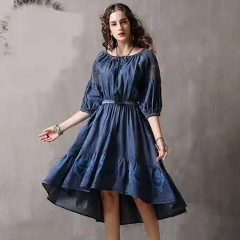 

2020 Autumn New Women Lace-up Seven-point Sleeve Dress Retro Embroidered Irregular Denim Dress
