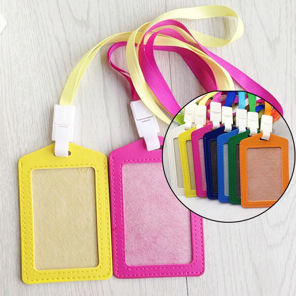 

1Pc Name Credit Card Holders Unisex PU Bank Card Neck Strap Card Bus ID holders candy colors Identity badge with lanyard