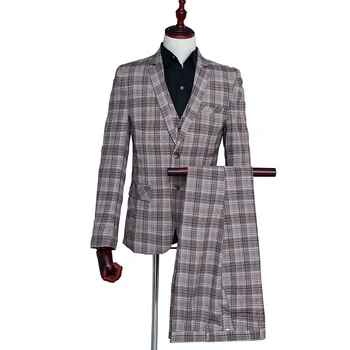 

Coffee Plaid Three-piece Suit Business Men's Clothing Business Wedding Party Dating