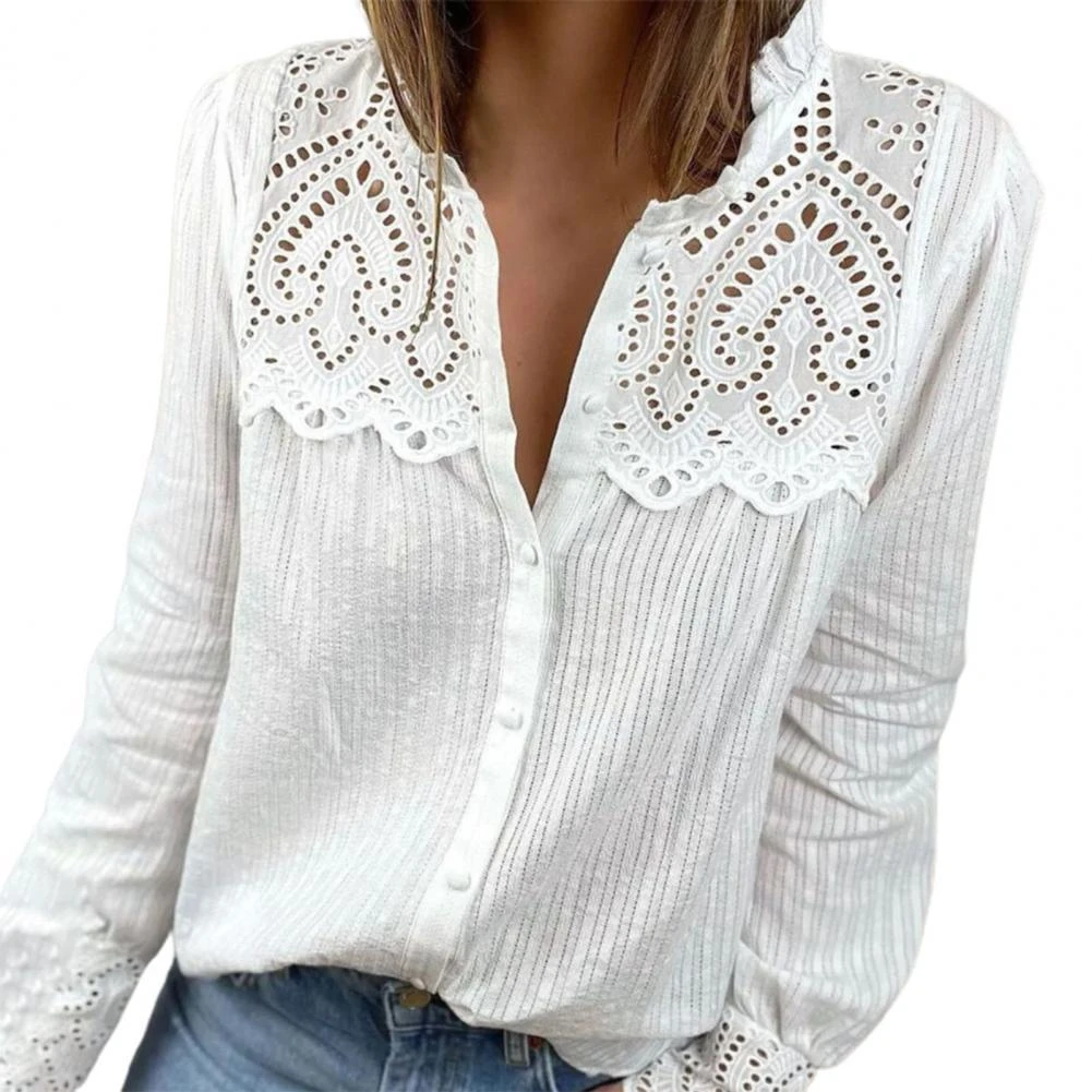 Camisa elegante para mujer, camisa de encaje a con redondo y botones blancos, blusa para mujer|Camisa| - AliExpress