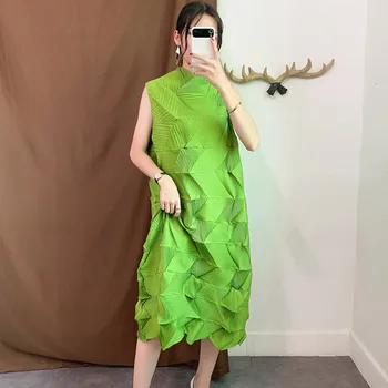 

LANMREM 2020 Stand Collar Sleevless Pleated Vintage Pullover Loose Long Dress Female Vestido Japan Styles WH704