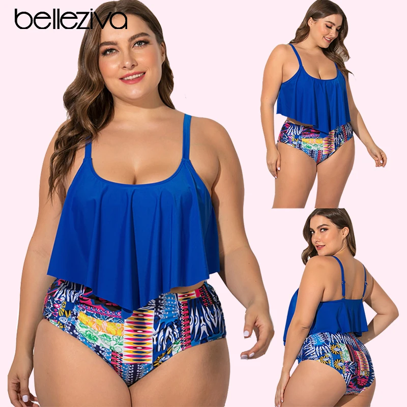 Belleziva-Bikini de talla grande de mujer, traje de baño dos piezas con Control barriga y cintura alta, traje de baño con volantes geométricos con contraste - AliExpress