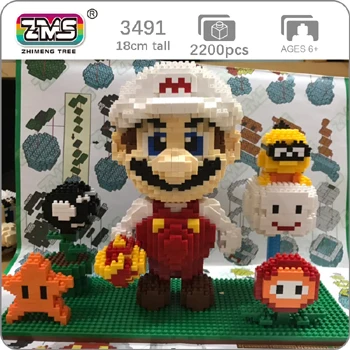 ZMS Игра Супер Марио Луиджи Йоши Боузер огонь Tanooki Марио 3D модель мини здание алмаз маленькие блоки игрушка цветок монета без коробки - Цвет: Fire Mario