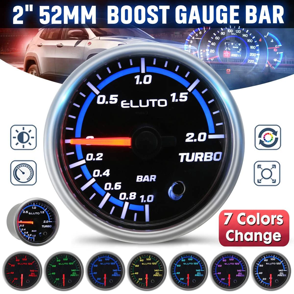 2" 52mm Car Turbo Boost Meter Psi Pressure Gauge Digital & Pointer 7 Colors LED