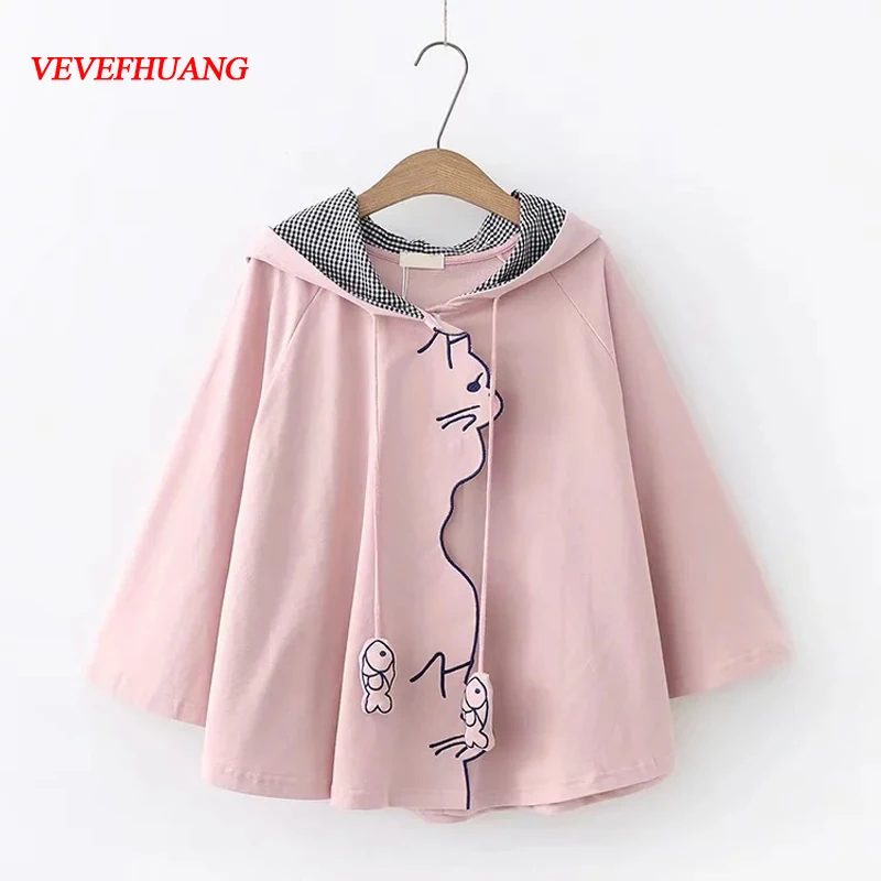 

Spring Autumn New Women Cloak Cartoon Embroidery Fish Drawstring Batwing Sleeve Hooded Cape Cloak Female Harajuku Cute Outerwear