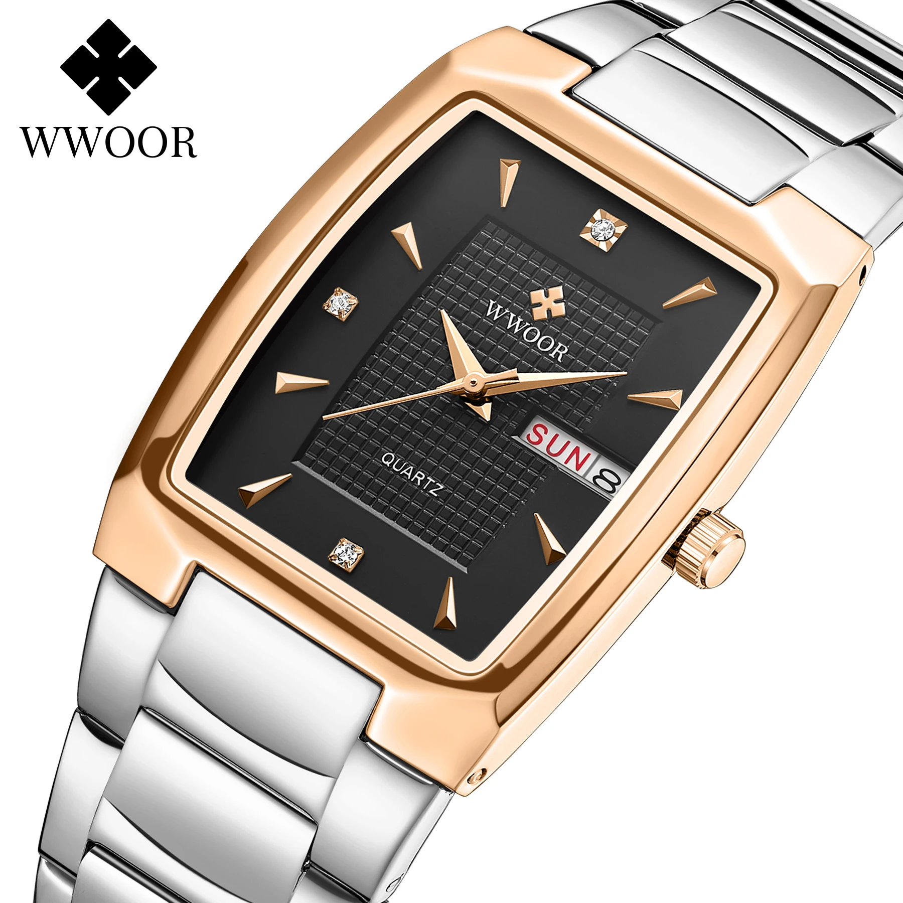 Watches Men WWOOR Brand Casual Simple Men's Quartz Clock Rose Gold Square Waterproof Week Display Wristwatches Relogio Masculino