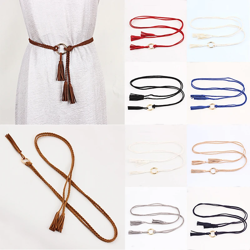 

Women Waistband Solid Color Braided Tassel Belt New Boho Girls Thin Waist Rope Knit Belts For Dress DIY Waistbands Accessories