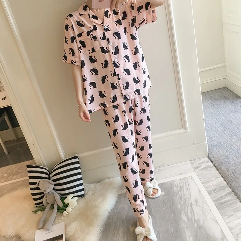 Весенний женский пижамный комплект с отложным воротником и короткими рукавами+ штаны, свободная Мягкая комфортная Пижама, тонкая Домашняя одежда с рисунком - Цвет: Light Pink
