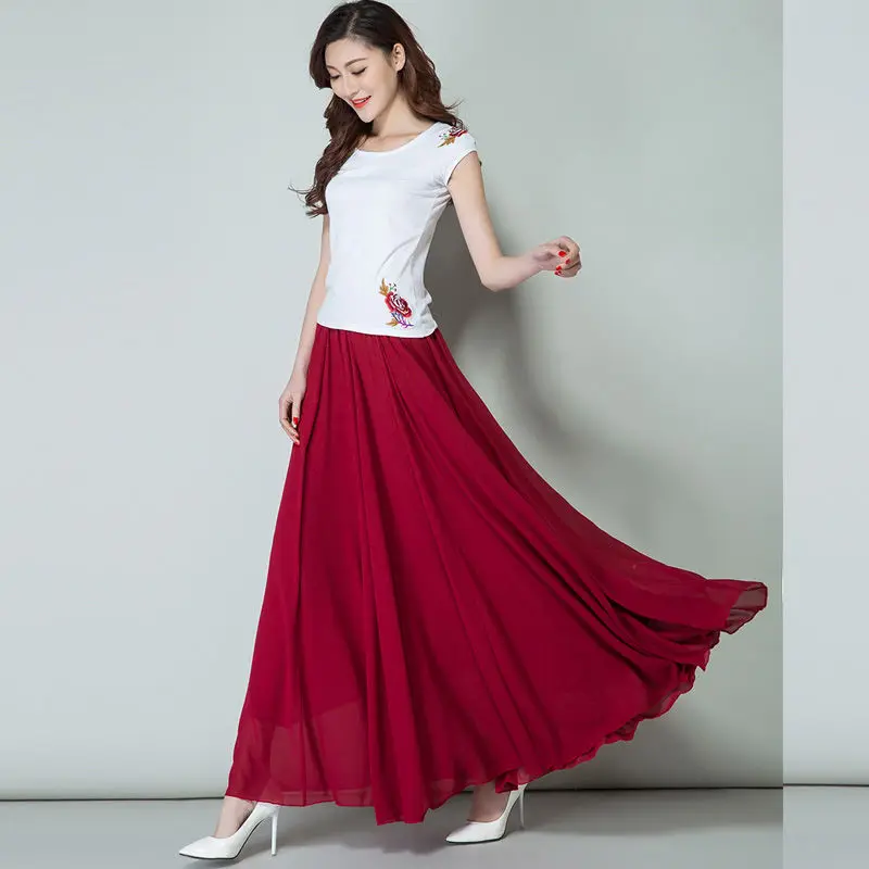 New Summer Chiffon Skirts Plus Size Full-Length Skirt High Waist Elegant Dance Skirt Pink Black Red Navy Blue White Long Skirts leather skirt