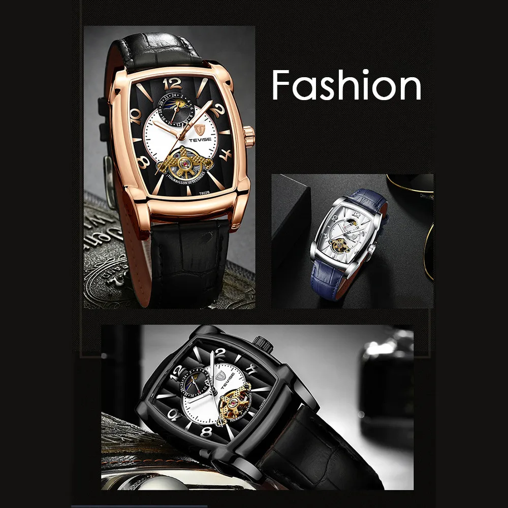 TEVISE мужские часы топ бренда Moon Phase Tourbillon прямоугольные часы Мужские Водонепроницаемые Синие автоматические механические кожаные Наручные часы