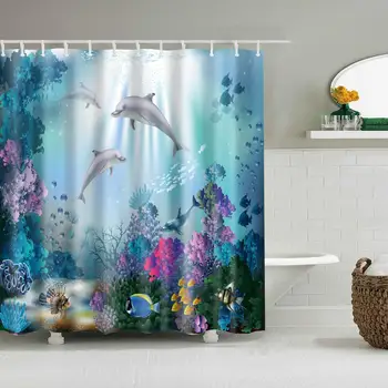 

Waterproof Thicken Dolphin Fish Under the Sea Blue Bathroom Polyester Mildew Proof Bath Tub Shower Curtain with 12 pcs Hooks