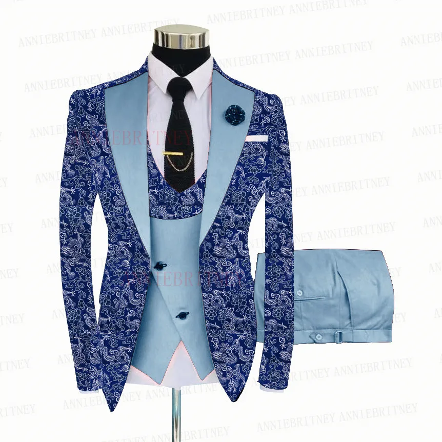 Men Fashion Blue Floral Printed 3-Piece Suit Groom Wedding Tuxedo Slim Fit Shiny Blazer Vest Pants Set