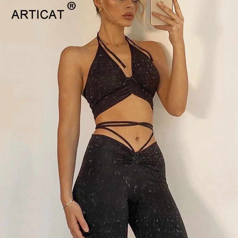 Articat Hollow Out Drawstring Two Piece Set For Women V Neck Top Solid Bodycon Playsuit Women Skinny Autumn Streetwear Female Articat Hollow Out Drawstring Two Piece Set For Women V Neck Top Solid Bodycon Playsuit Women Skinny Autumn Streetwear Female