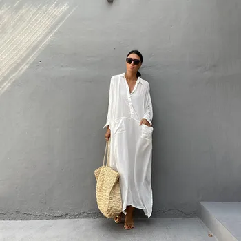 2021 White Beach Cover up Long Dress Tunic Bikinis Cover-ups Summer Casual Maxi Dress Loose Side Split Robe Swimsuit Beachwear 1