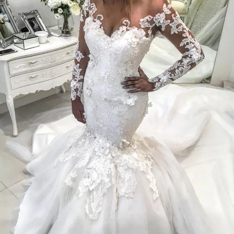 

Luxury Mermaid Wedding Dress Sexy Illusion Lace Applique Pearls 3d Flower Long Sleeve Bridal Gowns 2020 Robe Mariee